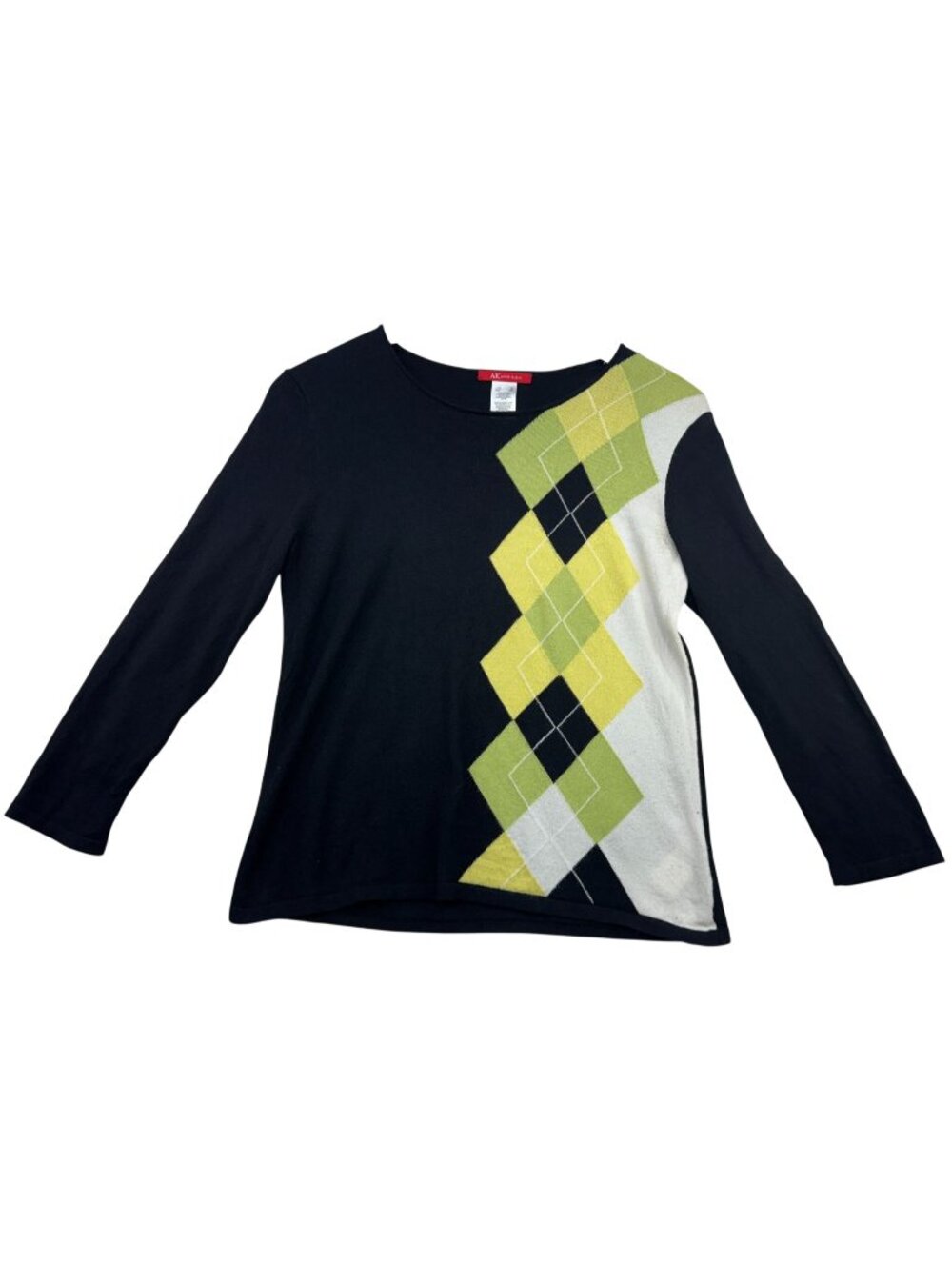 Anne Klein Women's Crew Neck Sweater Long Sleeve Size S Navy Blue Multi Diamond